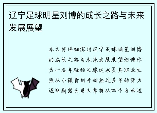 辽宁足球明星刘博的成长之路与未来发展展望